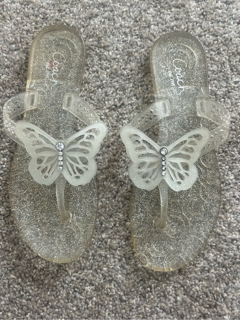 Coach Clear Glitter Butterfly Jelly Sandals with Rhinestones